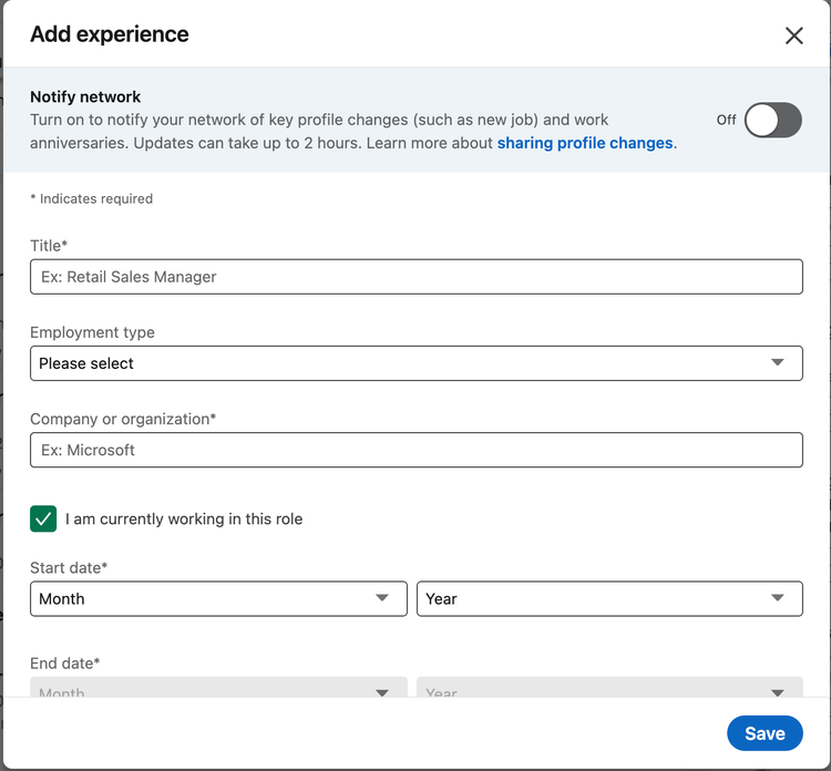 Build the Linkedin "Add experience" form